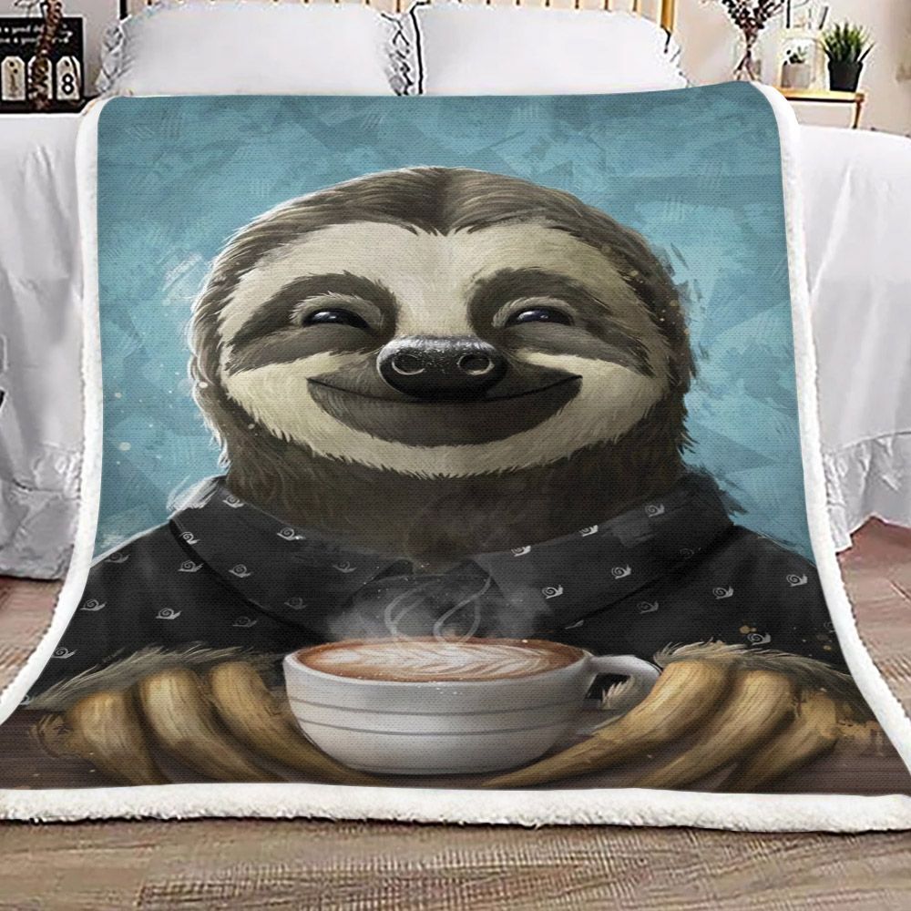 Sloth Smiling Coffee Sherpa Fleece Blanket