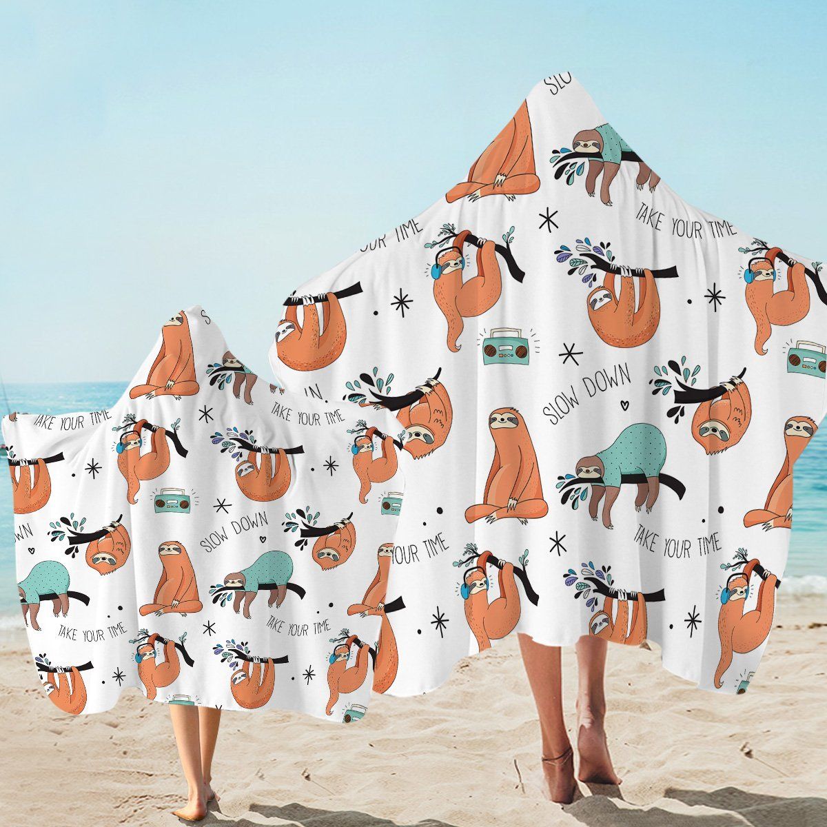 Slow Down Sloth Pattern Printed Hooded Towel