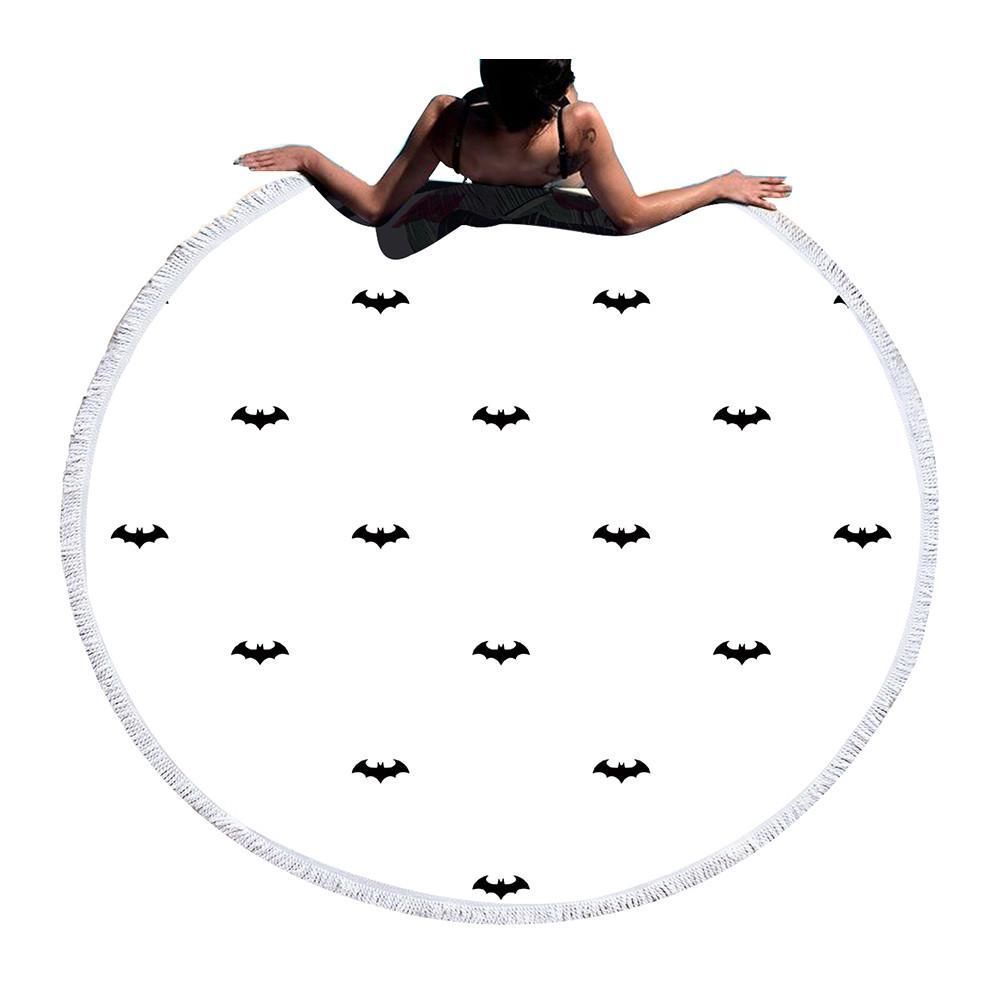 Small Black Bats On White Printed Round Beach Towel