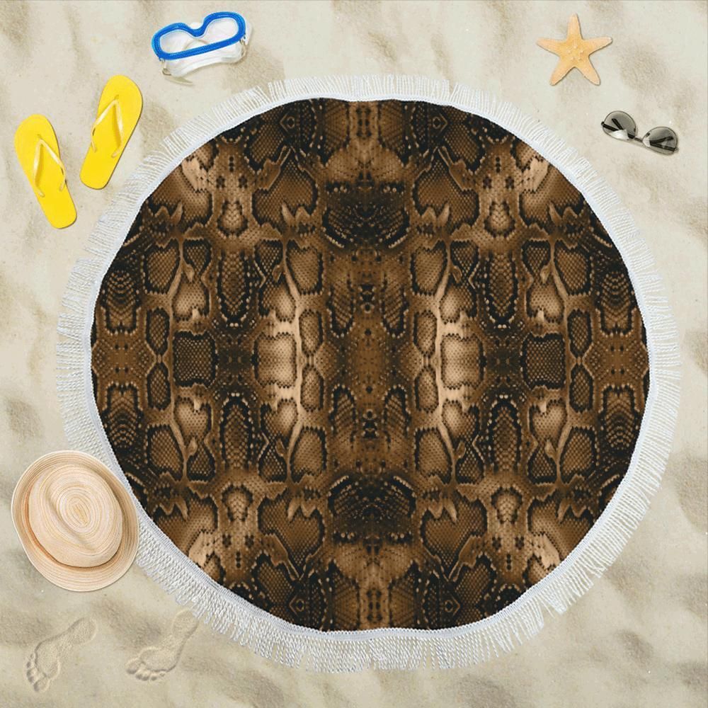 Snake Skin Brown Print Round Beach Towel