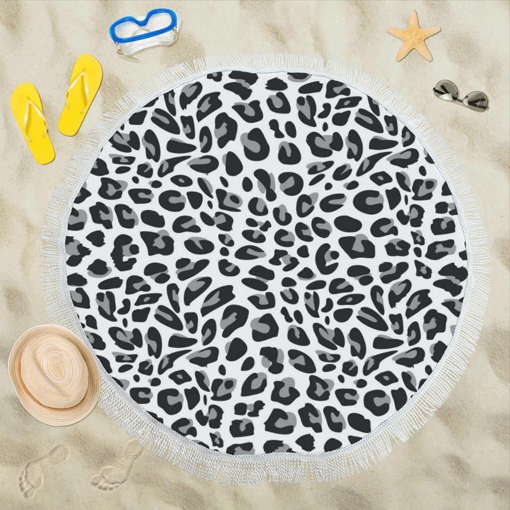 Snow Black Leopard Skin Printed Round Beach Towel