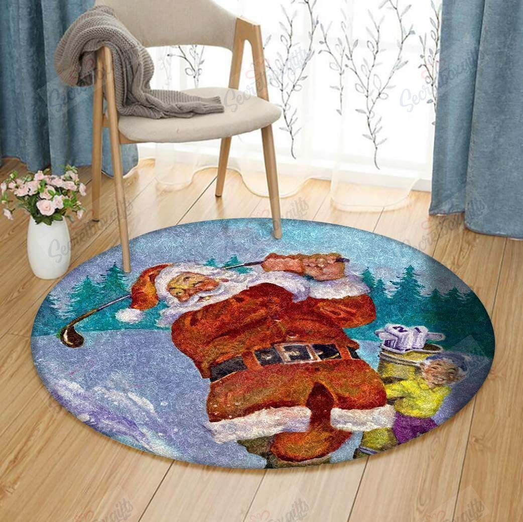 Snow Golfing Santa Round Carpet