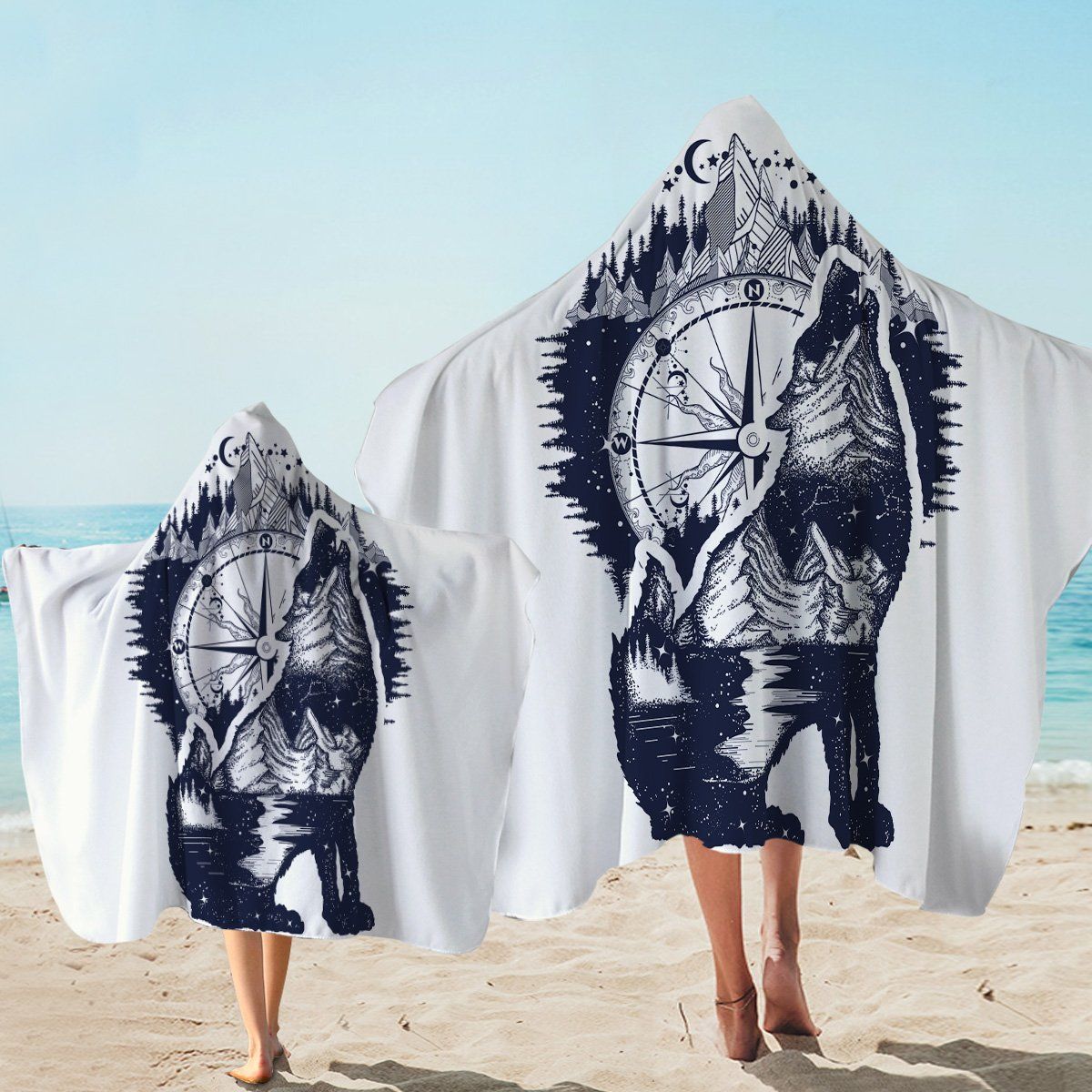 Snow Wolf Compass On White Printed Hooded Towel
