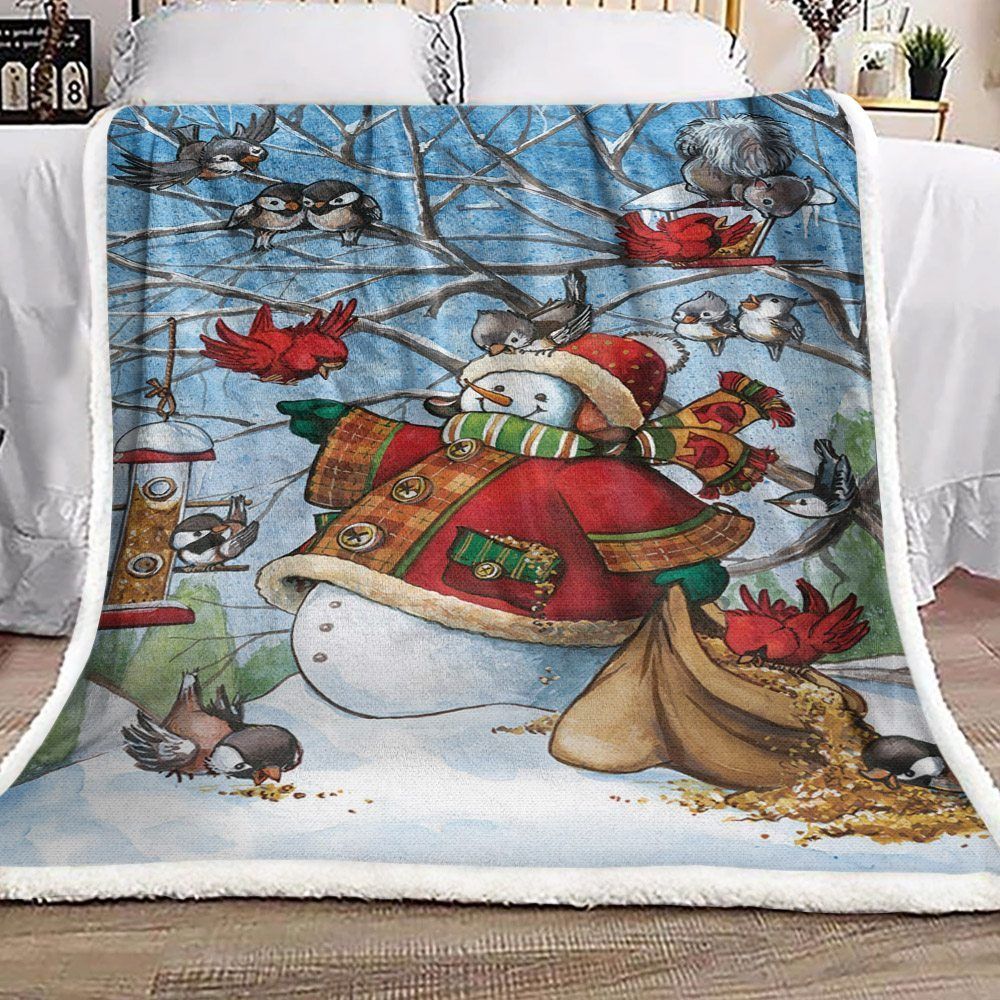 Snowman And Bird Sherpa Fleece Blanket