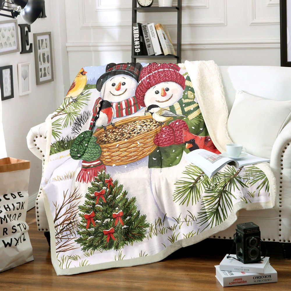 Snowman And Bird Sherpa Fleece Blanket