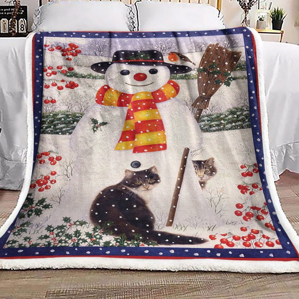 Snowman And Cat Sherpa Fleece Blanket