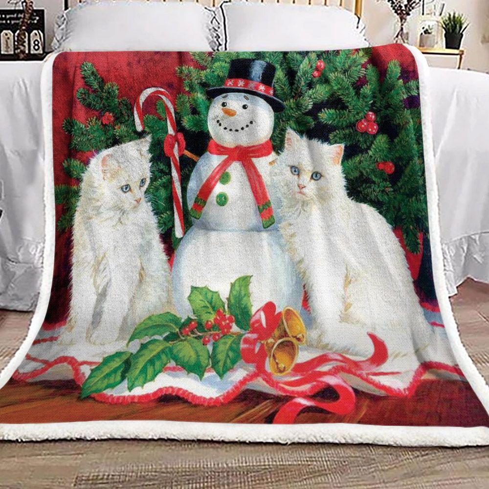 Snowman And Cat Sherpa Fleece Blanket