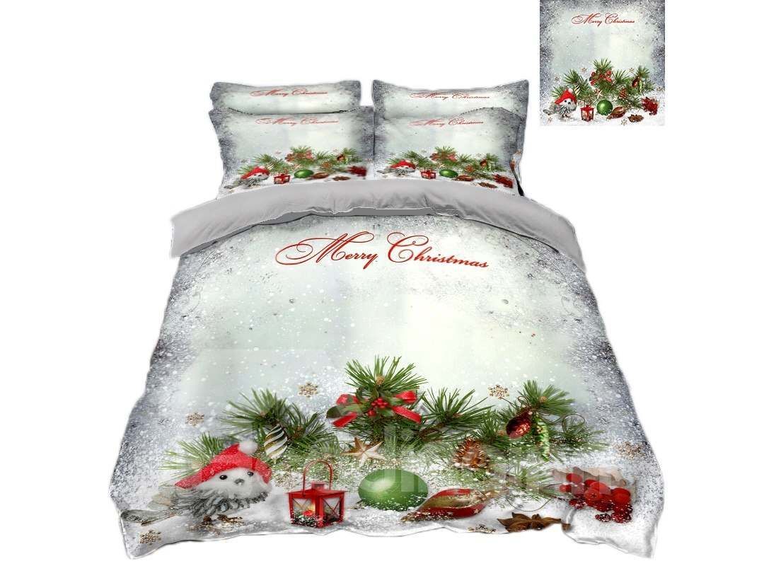 Snowman And Christmas Decorations White Bedding Set