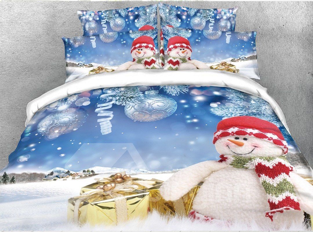 Snowman And Christmas Gifts Silvery Bedding Set