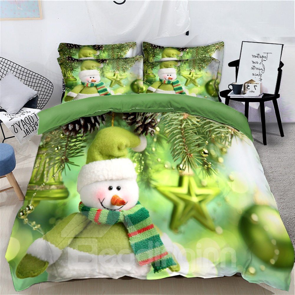 Snowman And Decorative Ball Green Bedding Set