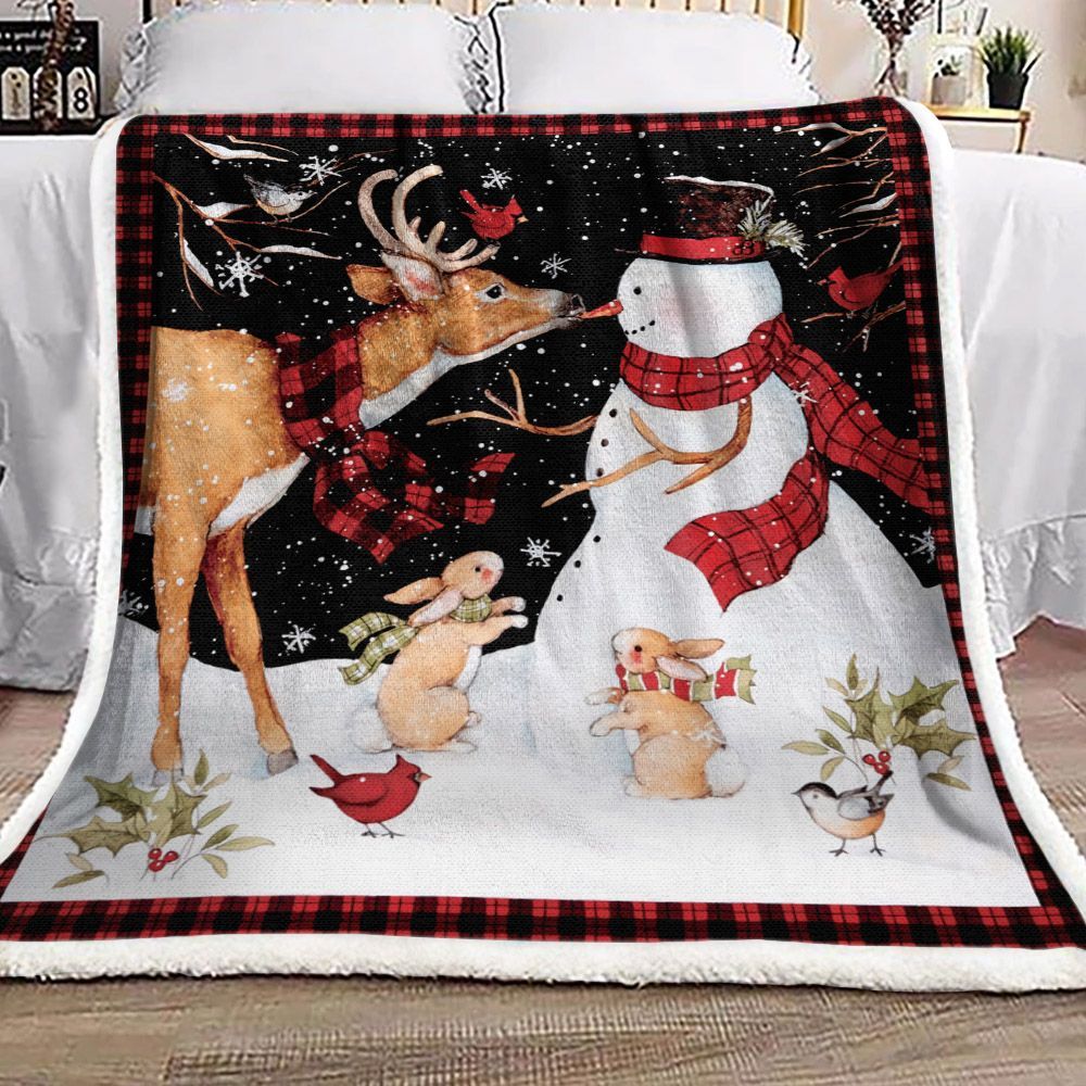 Snowman And Reindeer Sherpa Fleece Blanket