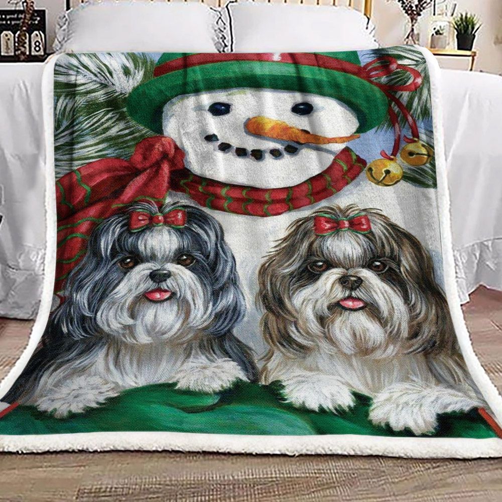 Snowman And Shih Tzu Sherpa Fleece Blanket