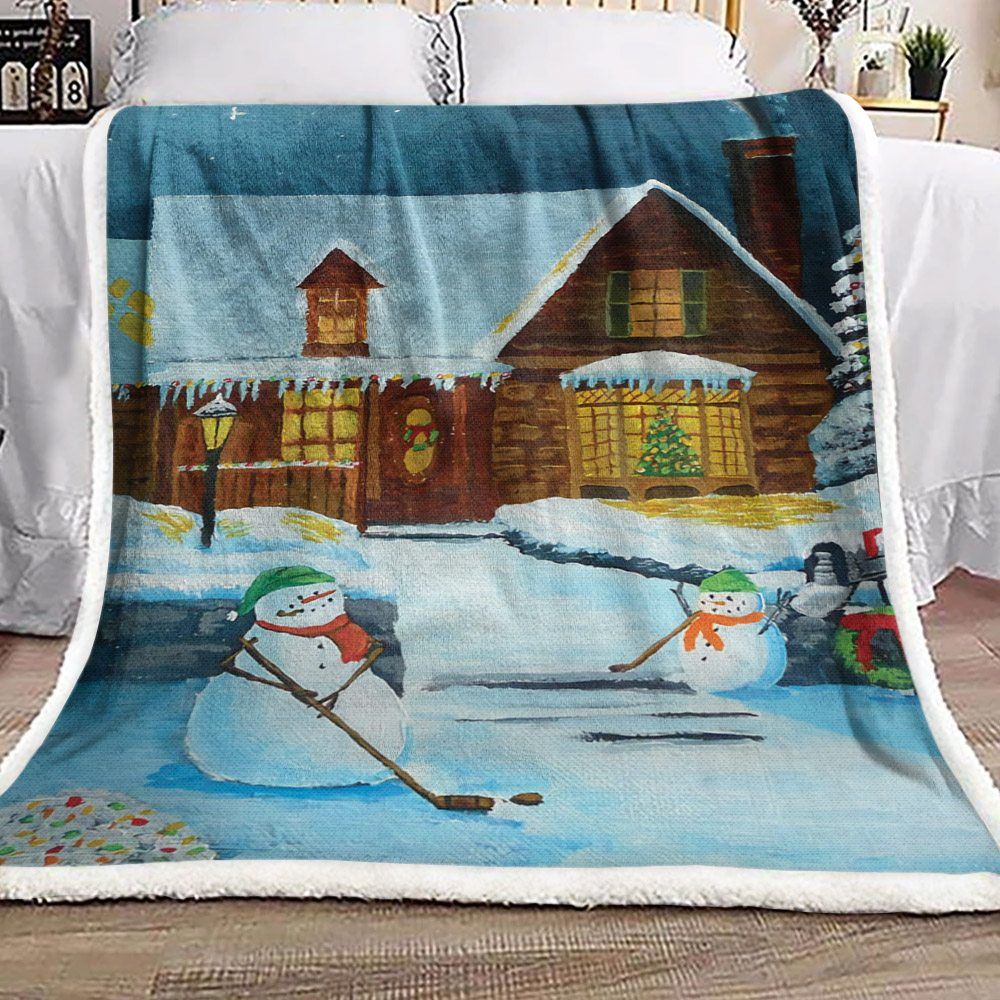 Snowman Hockey Sherpa Fleece Blanket