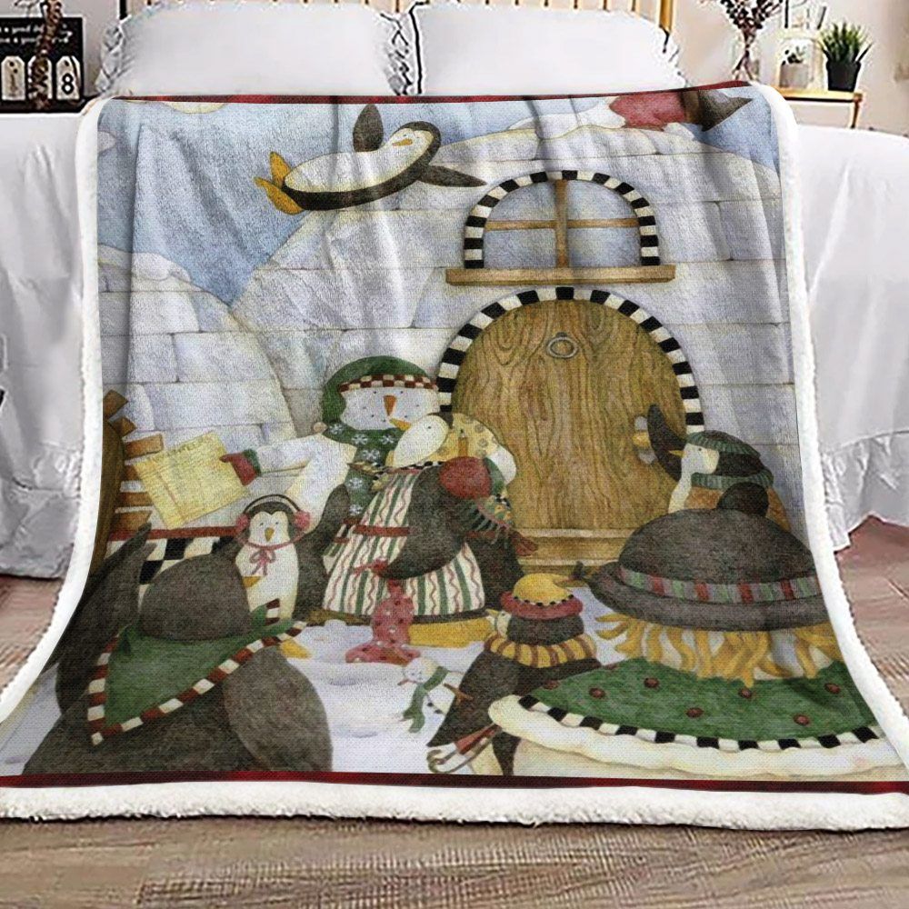 Snowman Penguin Ice House Sherpa Fleece Blanket