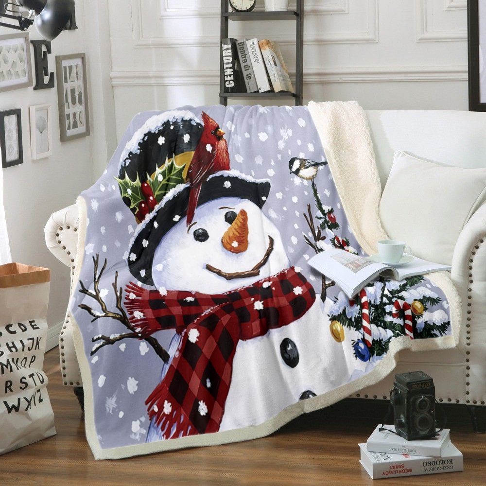 Snowman With Cardinal And Chickadee Sherpa Fleece Blanket