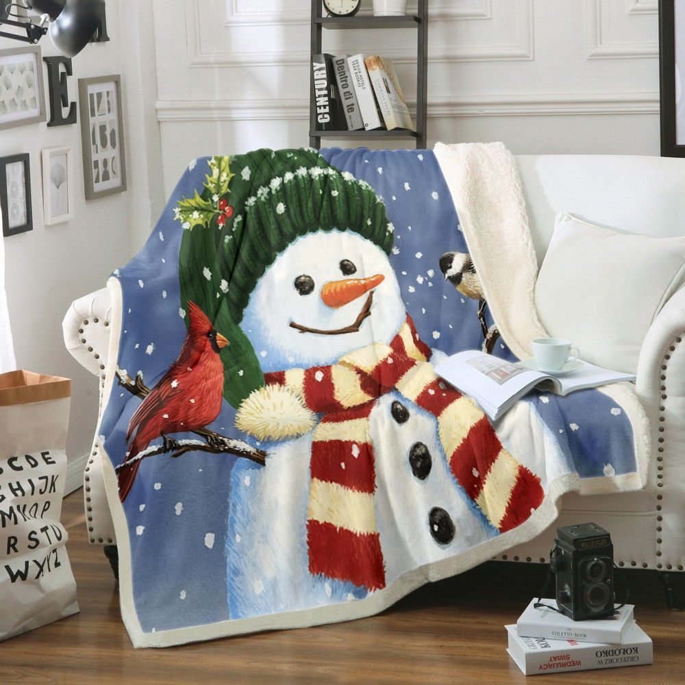 Snowman With Cardinal And Chickadee Sherpa Fleece Blanket