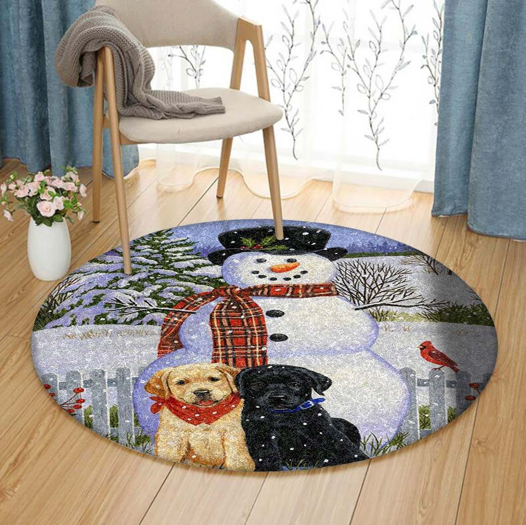 Snowman With Dog Round Carpet