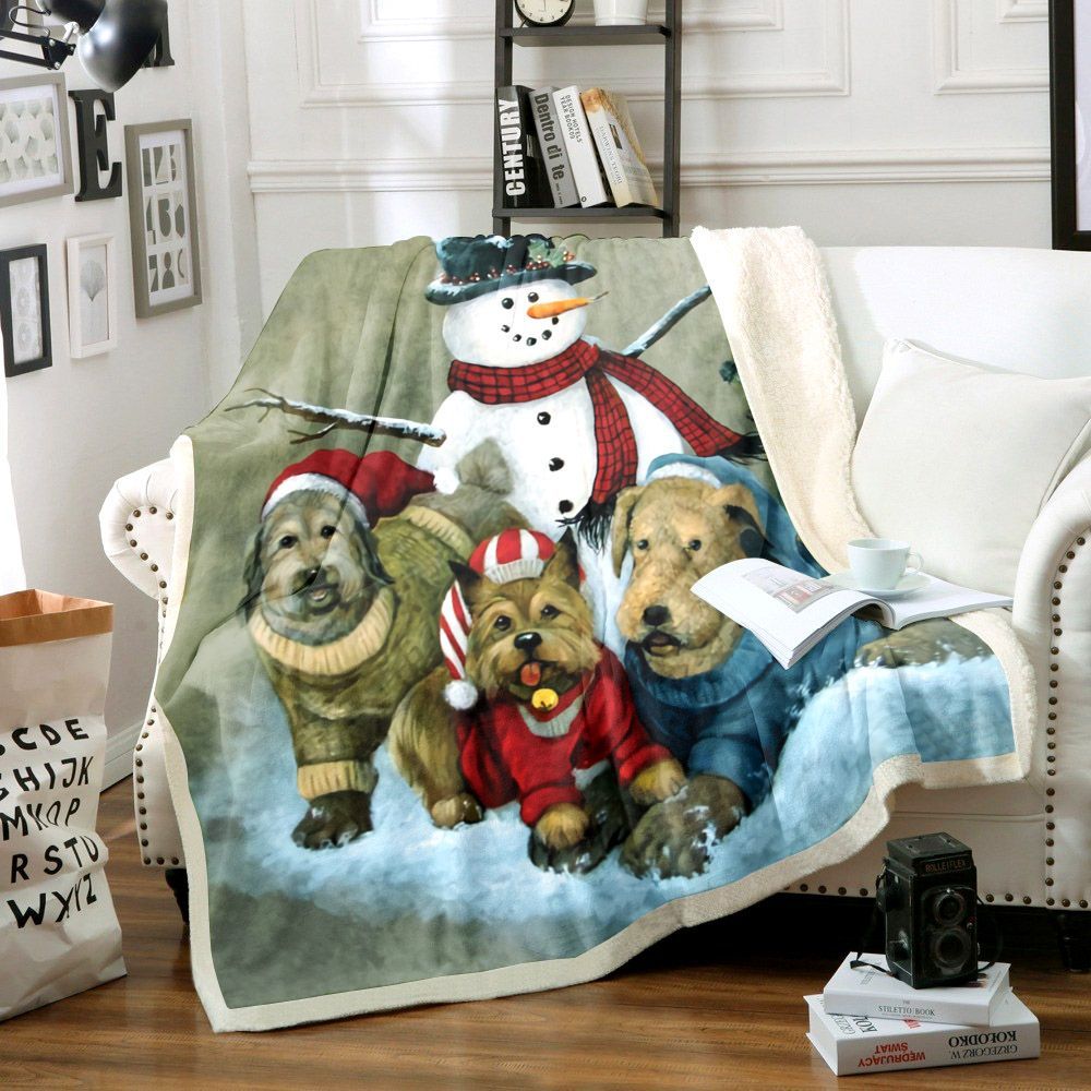 Snowman With Dogs Sherpa Fleece Blanket