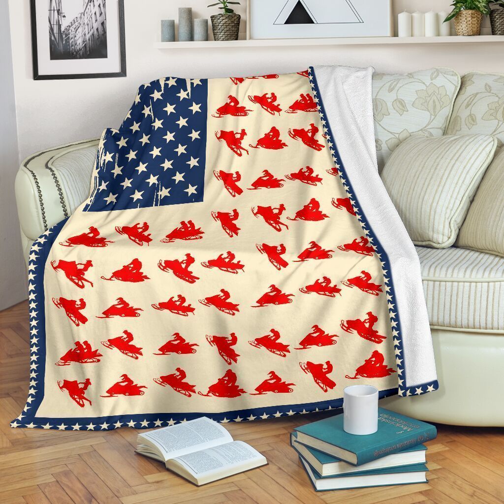 Snowmobile American Flag Sherpa Fleece Blanket