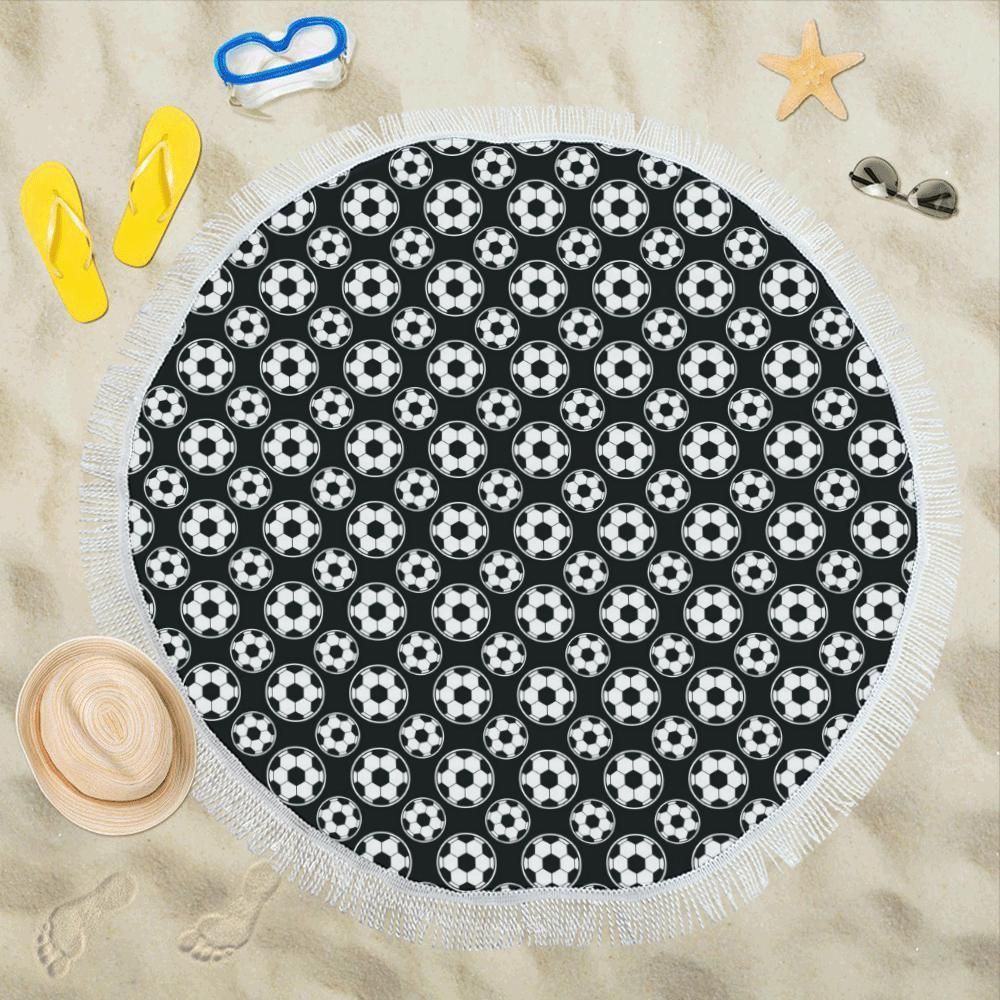 Soccer Ball Black Print Pattern Round Beach Towel