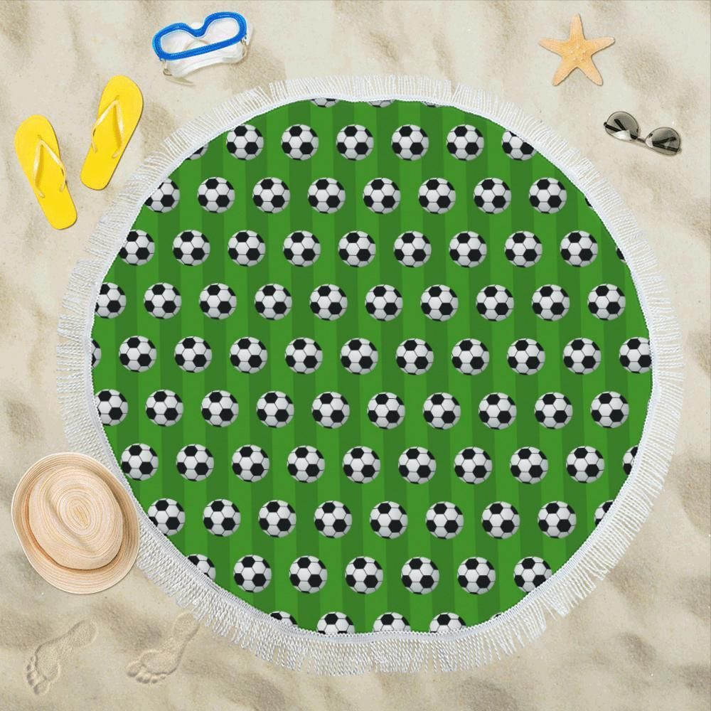 Soccer Ball Green Backgrpund Print Round Beach Towel