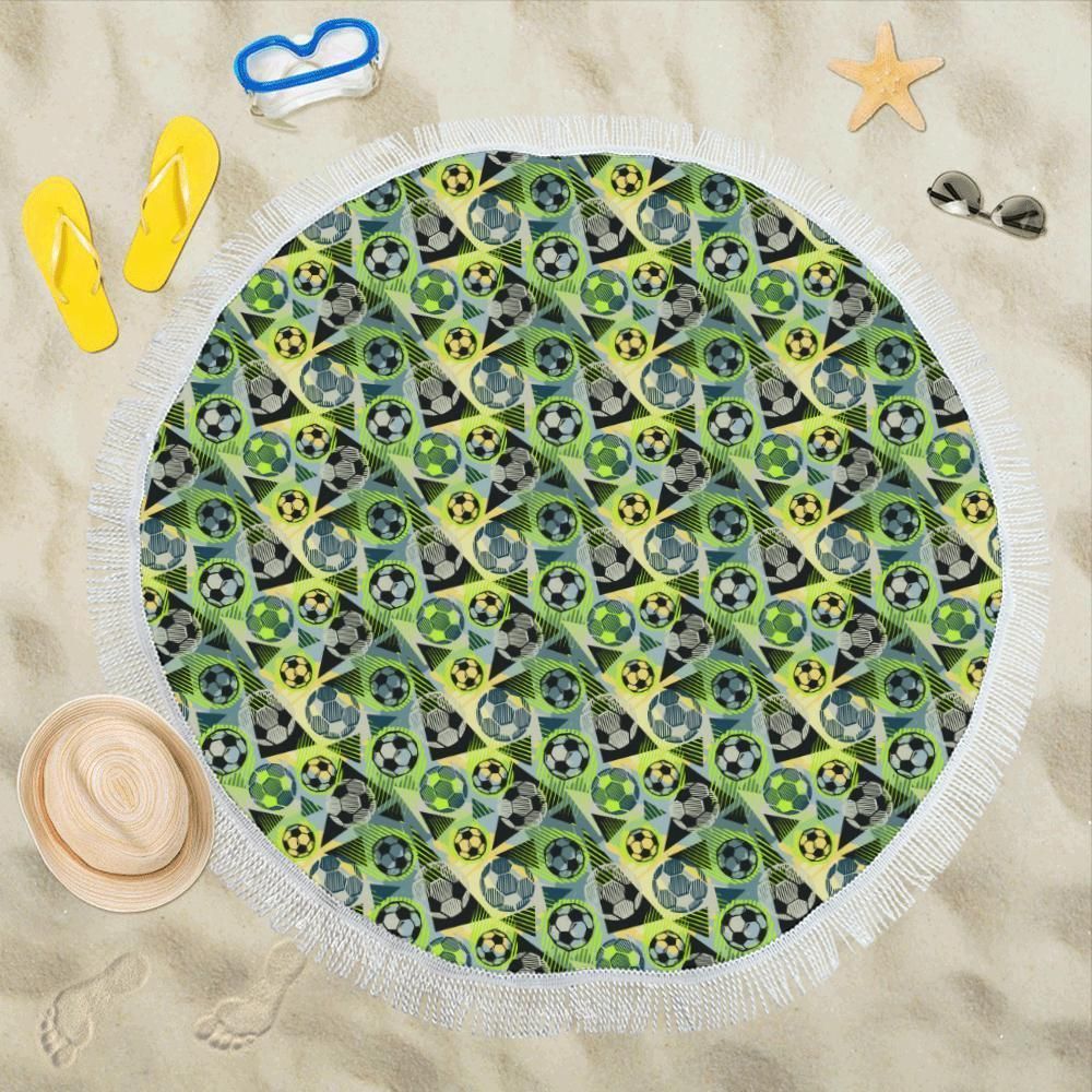 Soccer Ball Themed Print Pattern Round Beach Towel