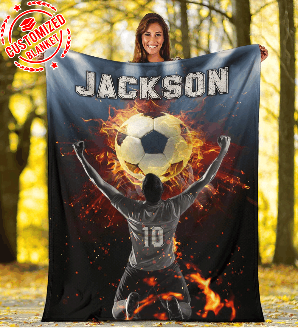 Soccer Player With Fire Ball Custom Text Name Number Fleece Blanket