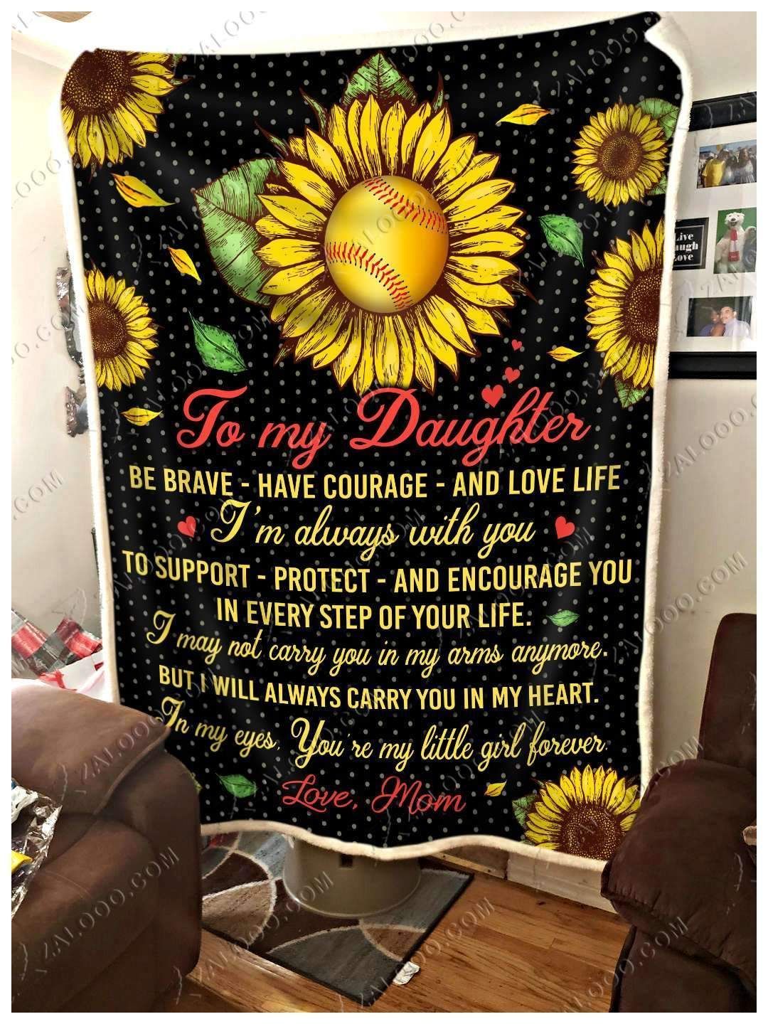 Softball Daughter Mom Sunflower Sherpa Fleece Blanket
