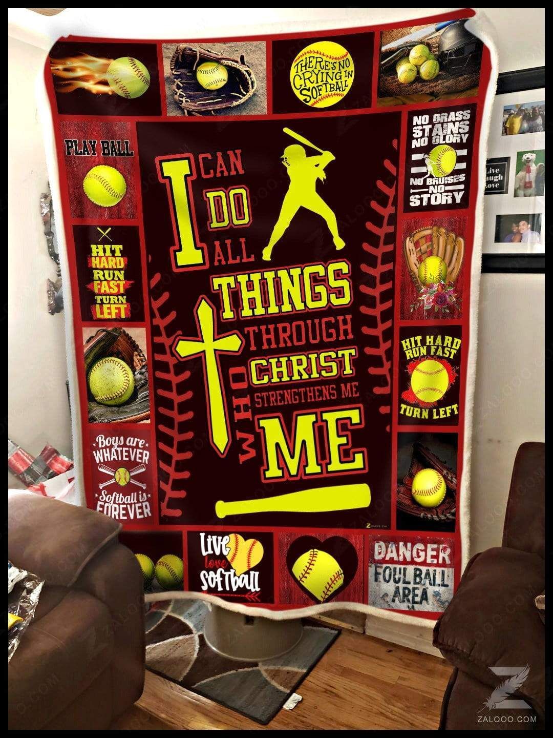 Softball I Can Do All Things Through Christ Sherpa Fleece Blanket