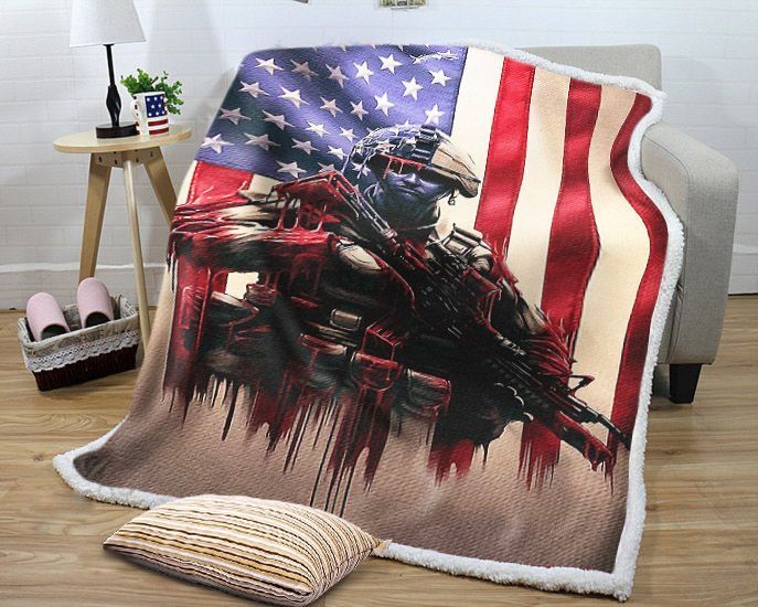 Soldier American Flag Sherpa Fleece Blanket