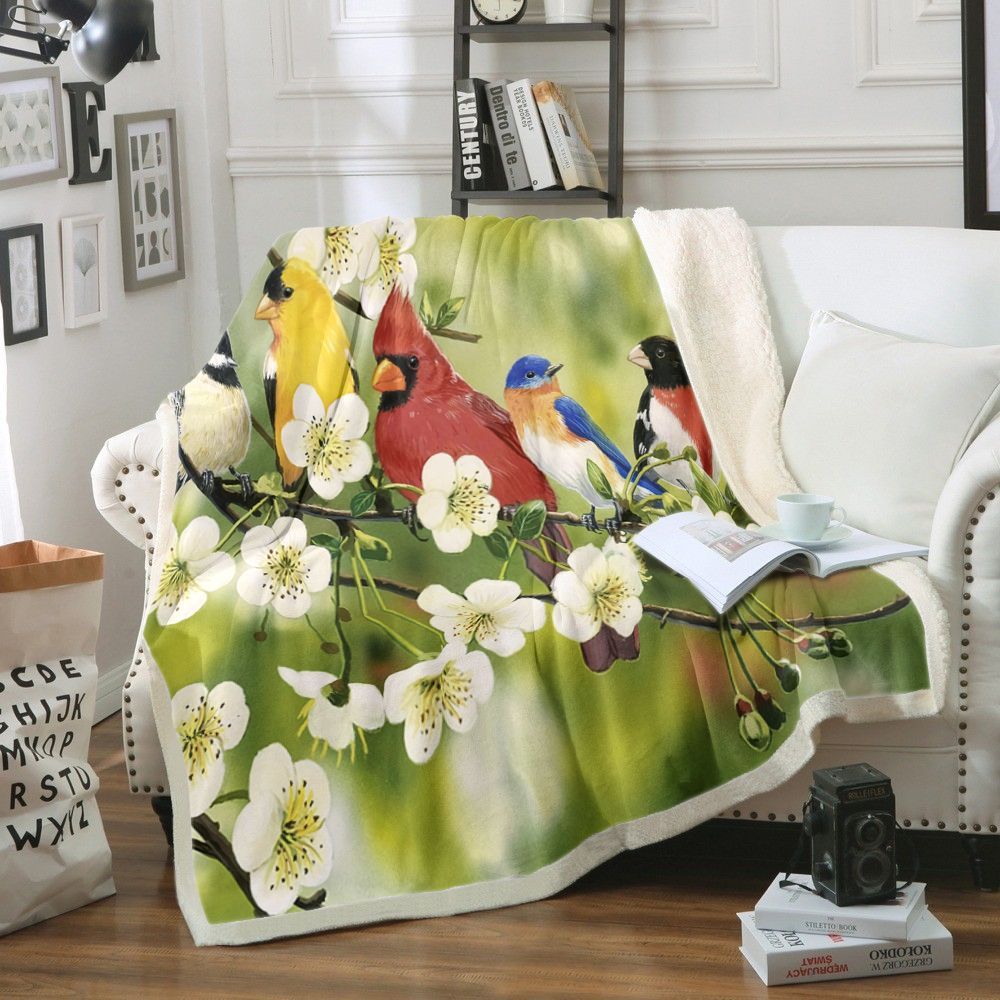 Songbirds On A Flowering Branch Sherpa Fleece Blanket