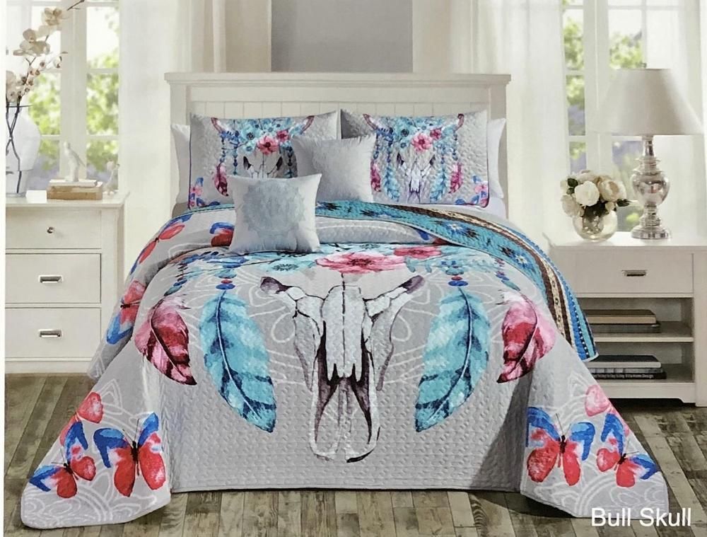 Southwest Feathers Flowers Bull Skull Aztec Bedding Set