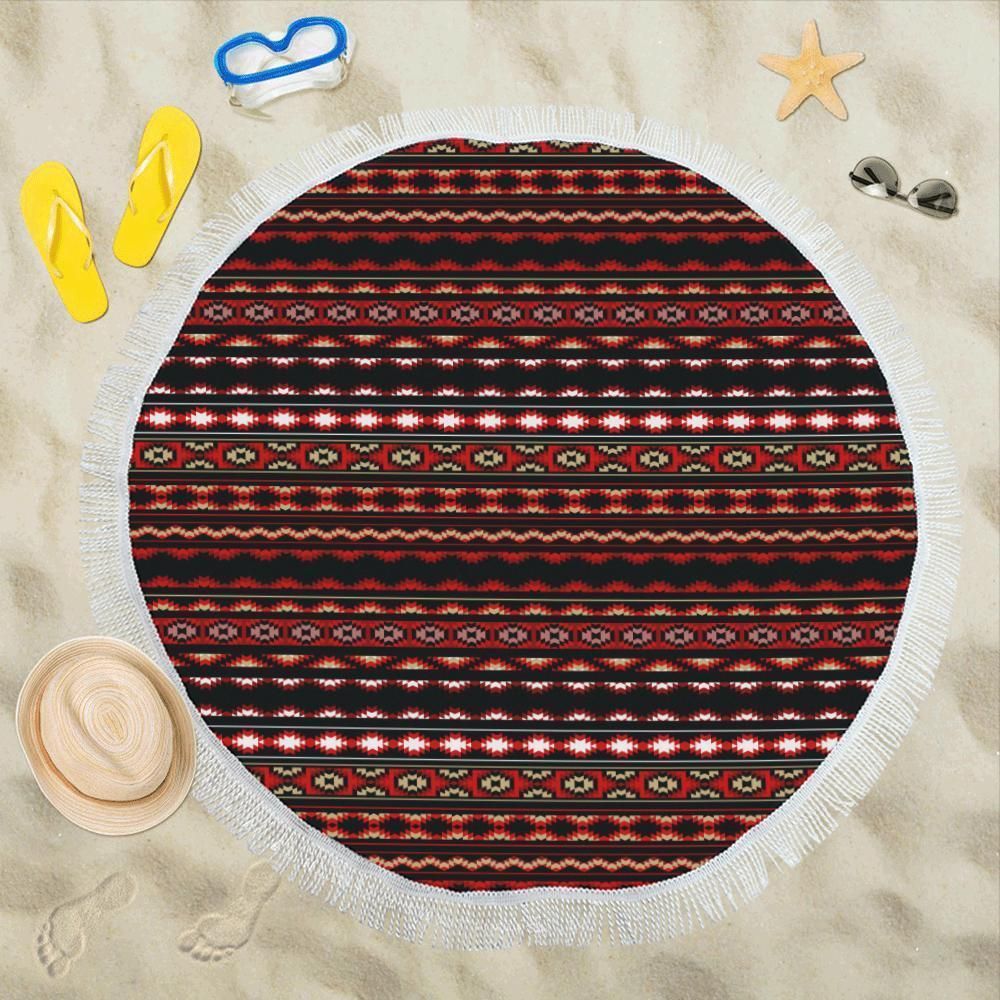 Southwestern Red And Black Pattern Themed Printed Round Beach Towel