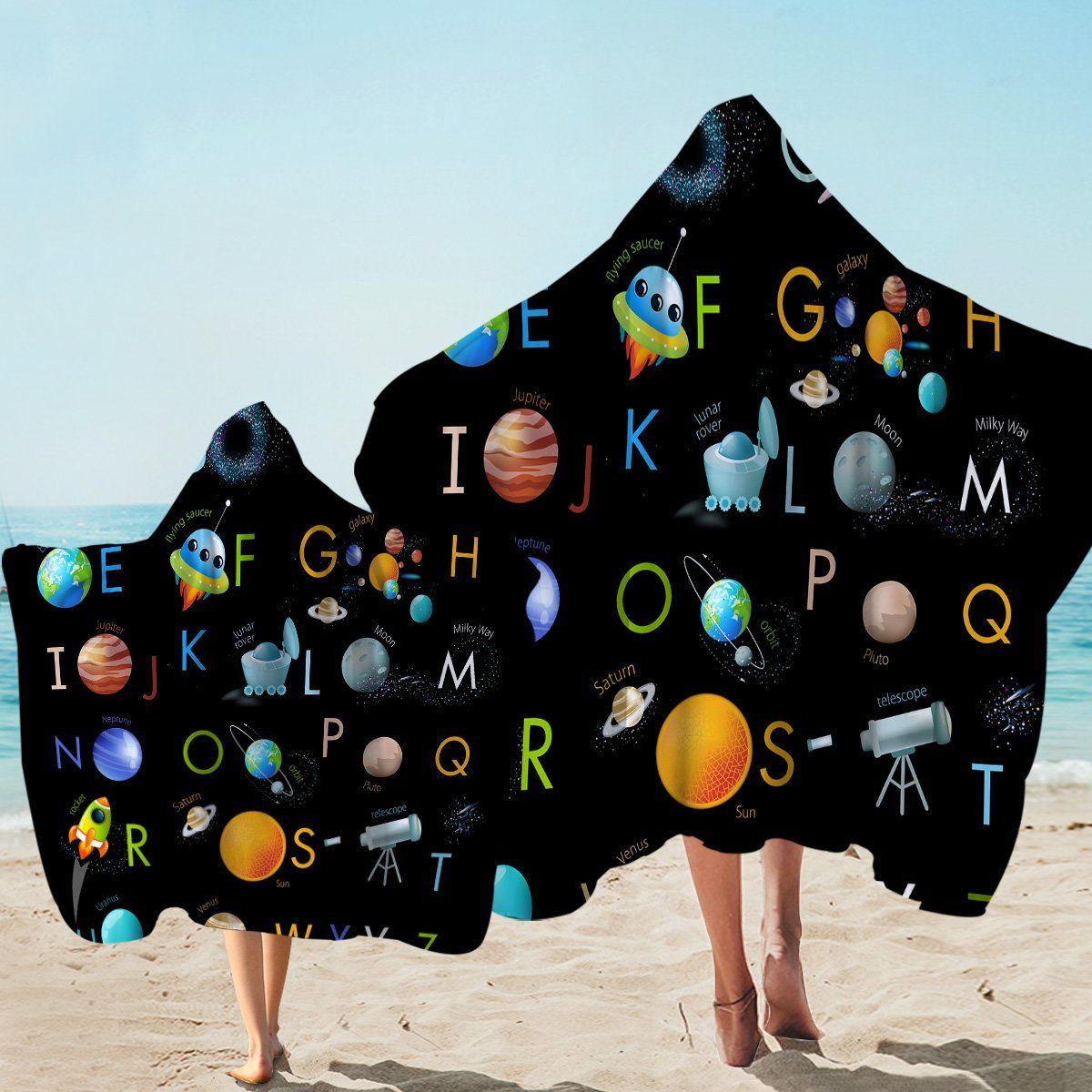 Space Alphabet Black Pattern Printed Hooded Towel