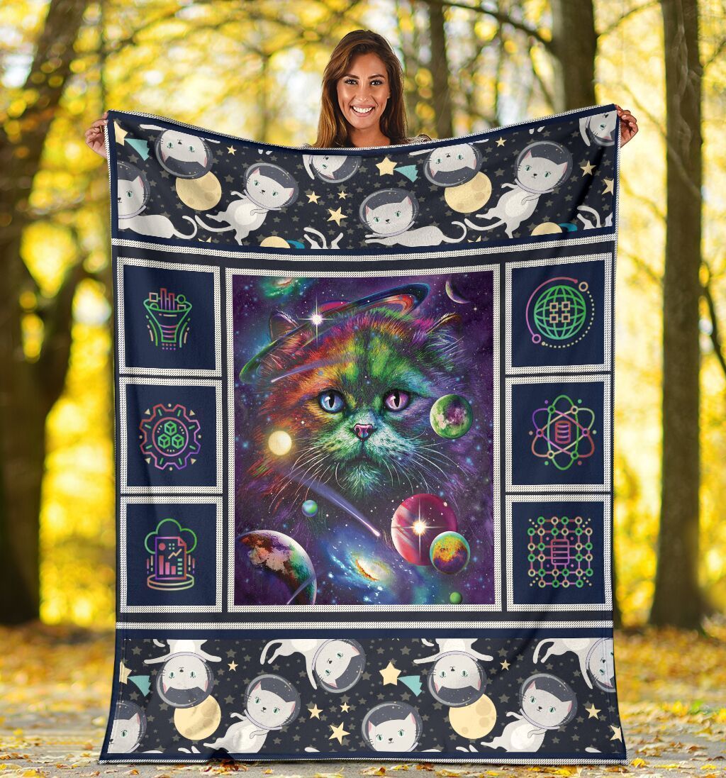 Space Cat Galaxy Astronaut Helmet Fleece Blanket