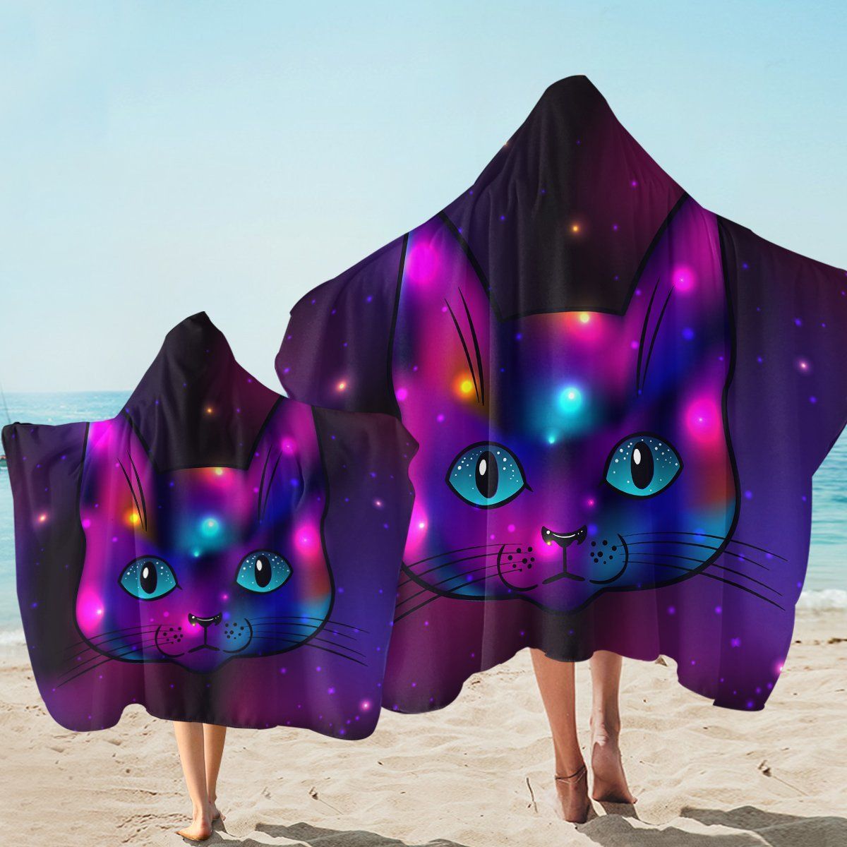 Space Cat Purplish Printed Hooded Towel