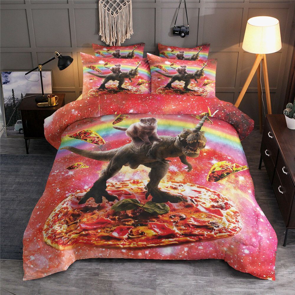 Space Cat Riding Dinosaur Unicorn Pizza And Taco Bedding Set