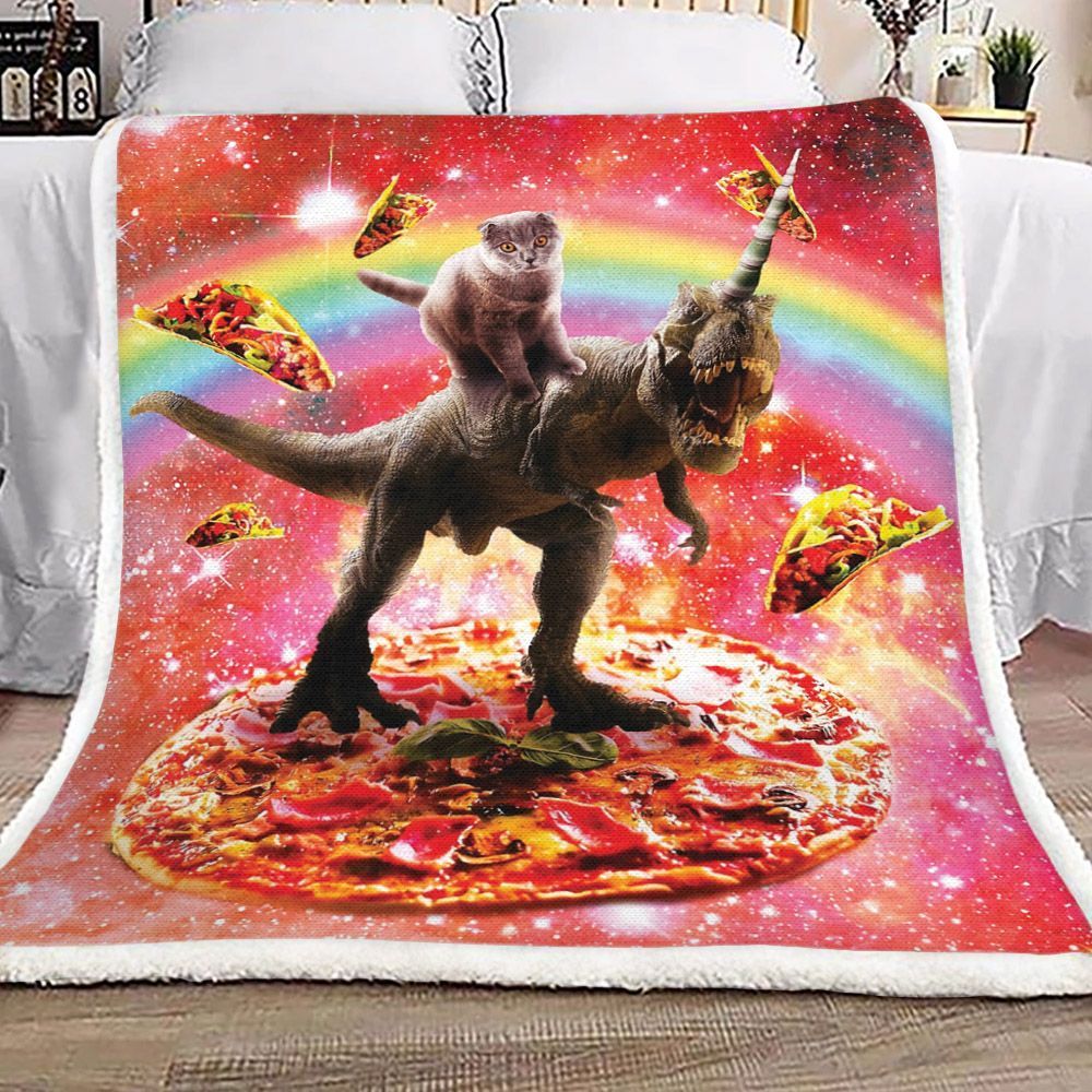 Space Cat Riding Dinosaur Unicorn Pizza And Taco Sherpa Fleece Blanket
