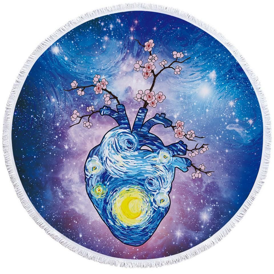 Space Heart Cherry Blossom Printed Round Beach Towel