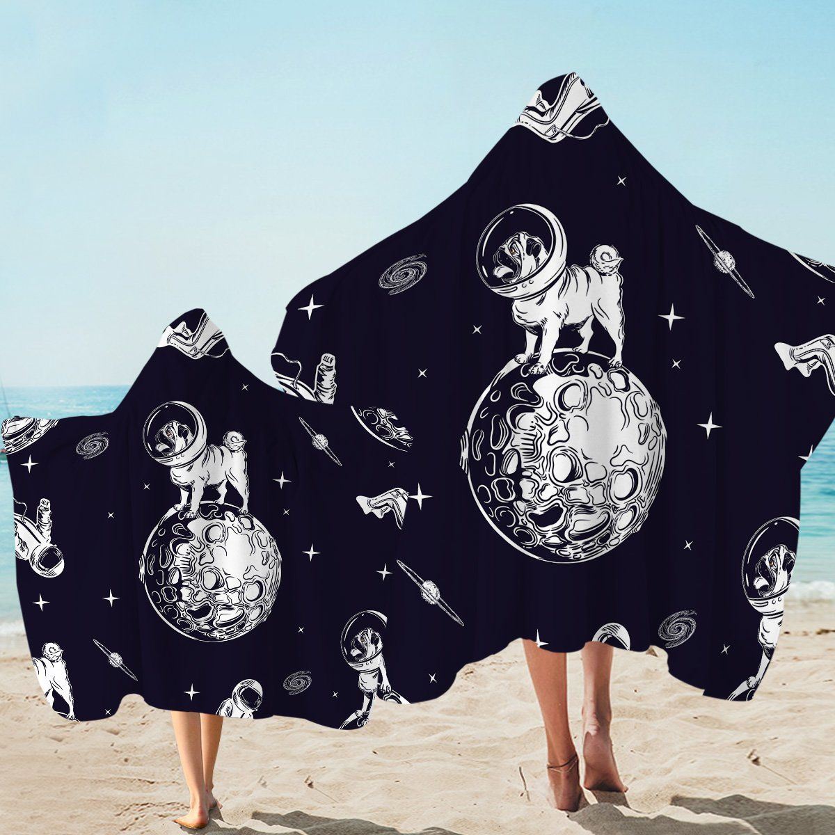 Space Pug Starry Dark Blue Printed Hooded Towel