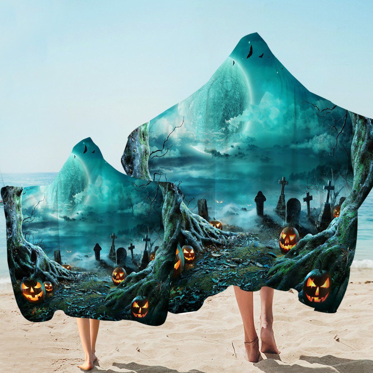 Spooky Graveyard Scary Pumpkin Face Printed Hooded Towel