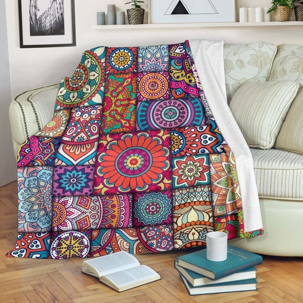 Square Bohemian Mandala Patchwork Sherpa Fleece Blanket