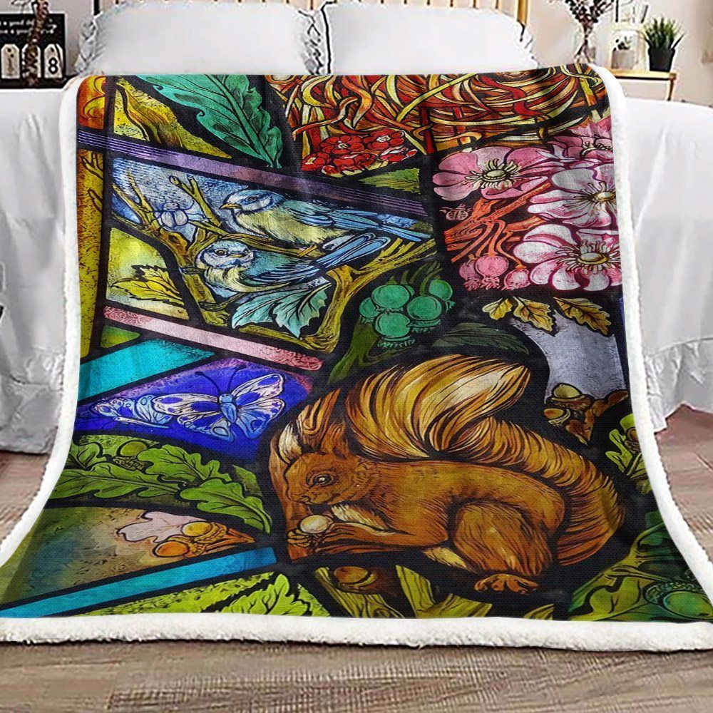 Squirrel Bird Flower Sherpa Fleece Blanket