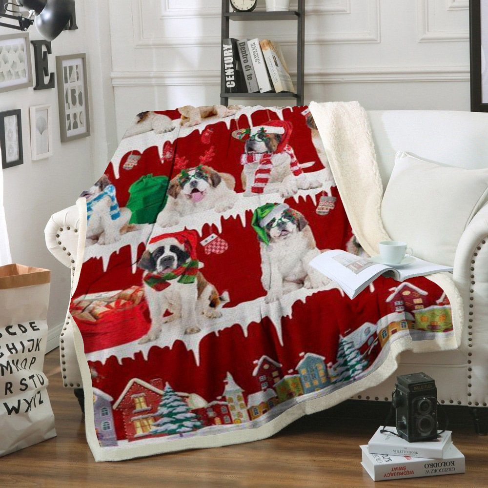 St Bernard Snow Christmas Sherpa Fleece Blanket