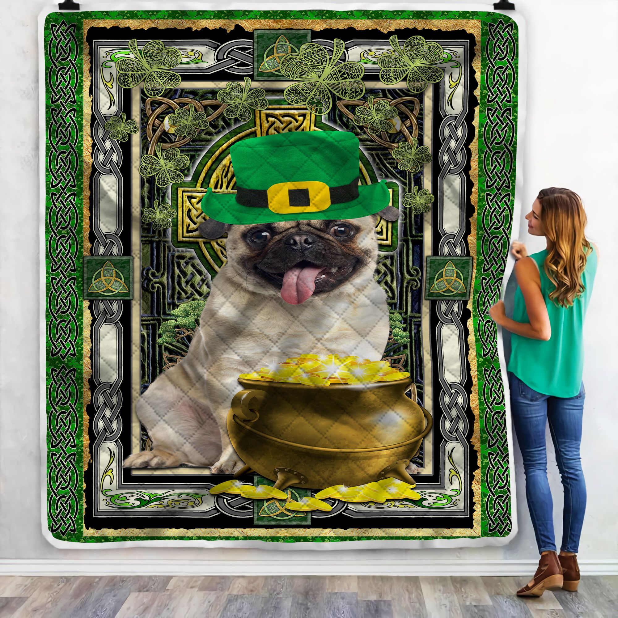 St Patrick Pug Fleece Blanket