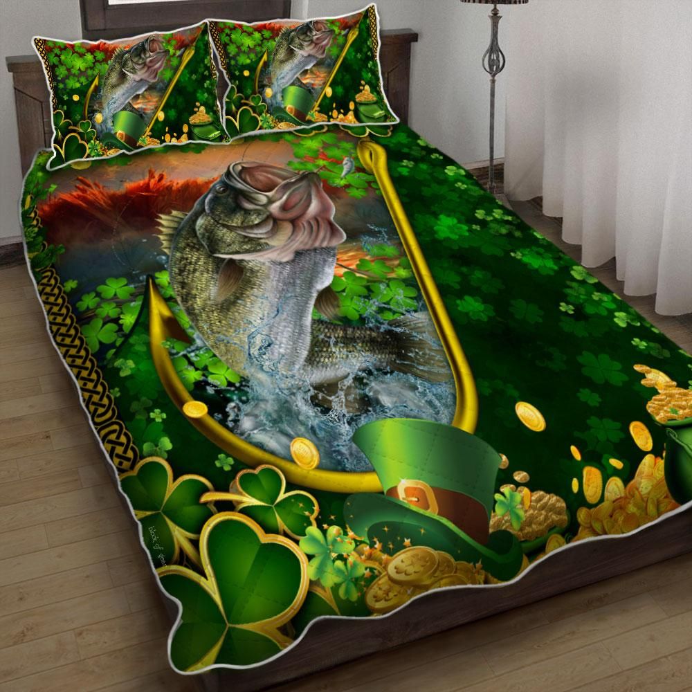 St. Patrick’s Day Bass Fishing Shamrock Coins Bedding Set