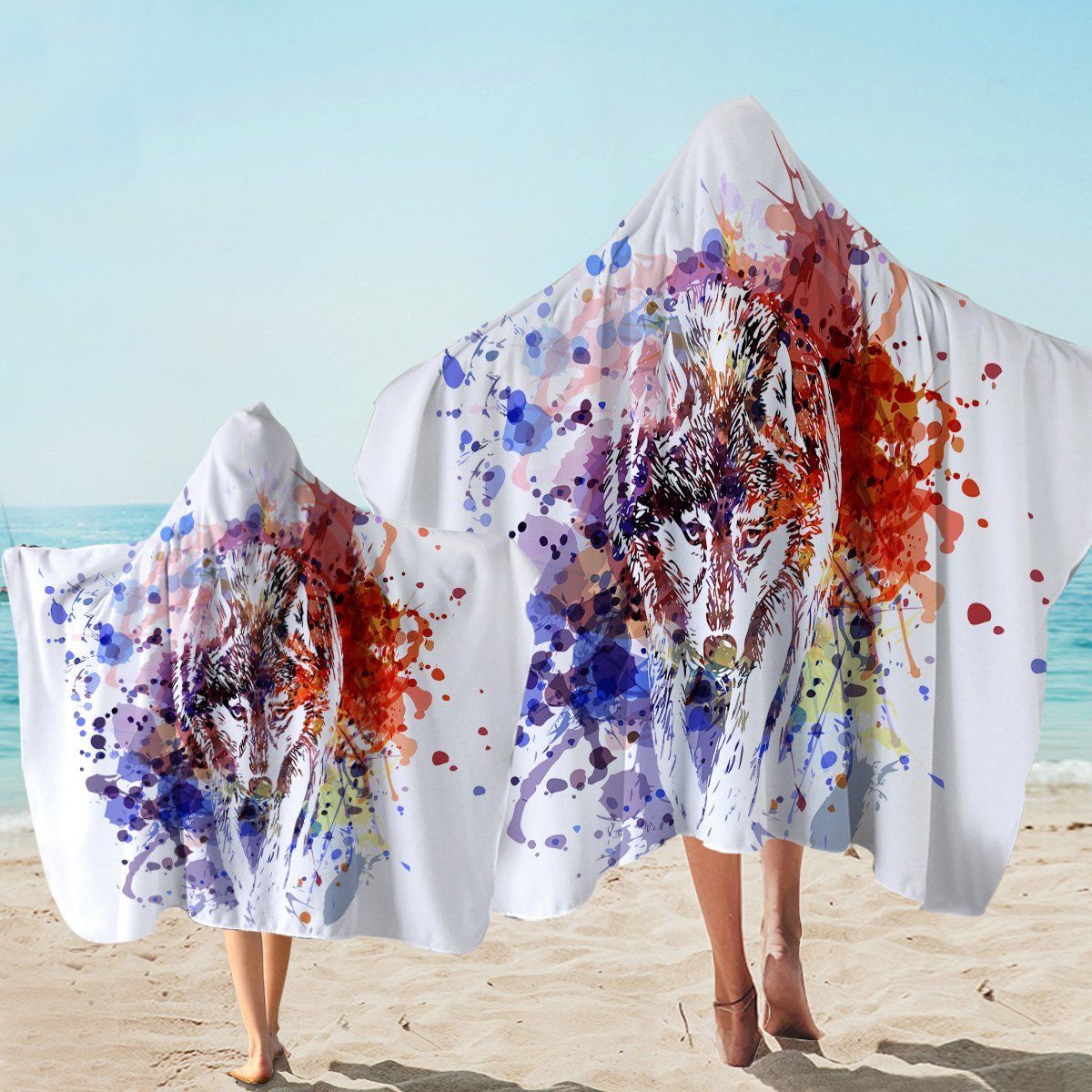 Stalking Wolf Color Splash Pattern Printed Hooded Towel