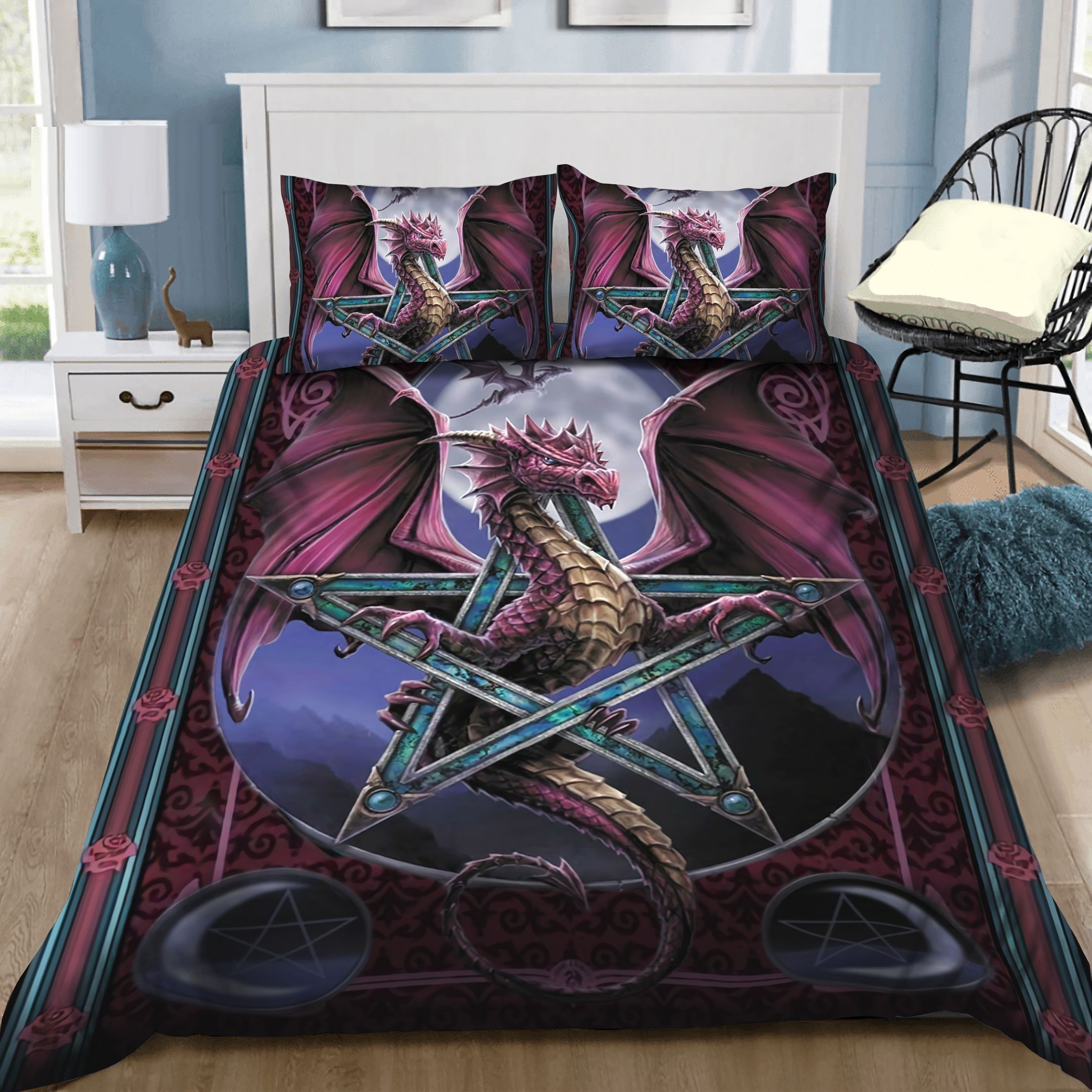 Star Of Purple Dragon And Moon Bedding Set