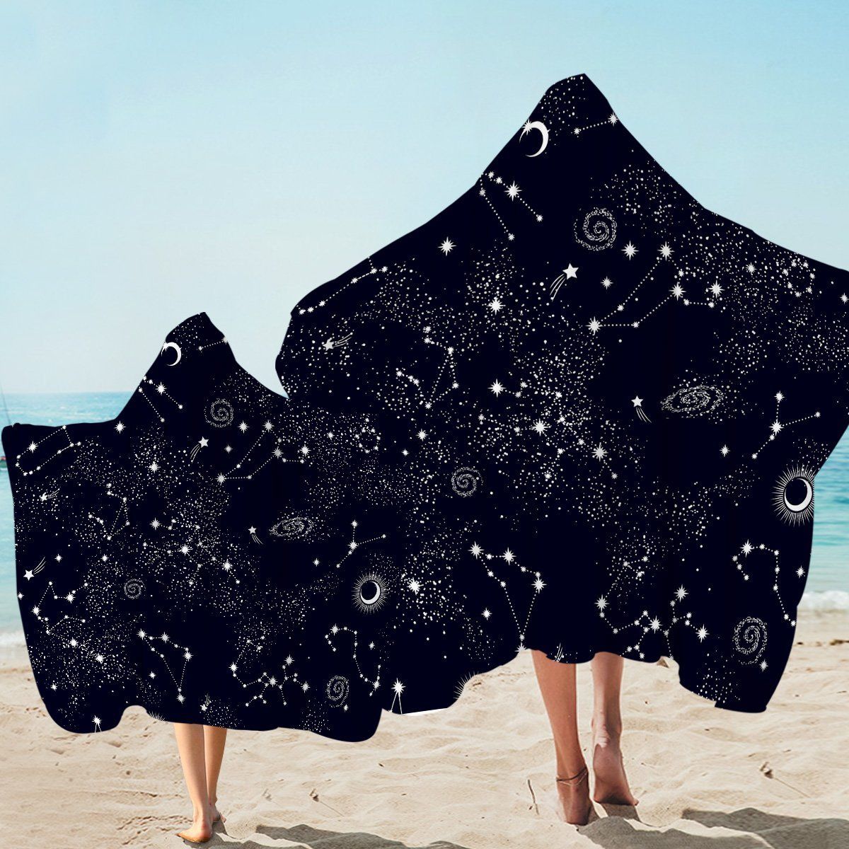 Star Signs On Black Pattern Printed Hooded Towel