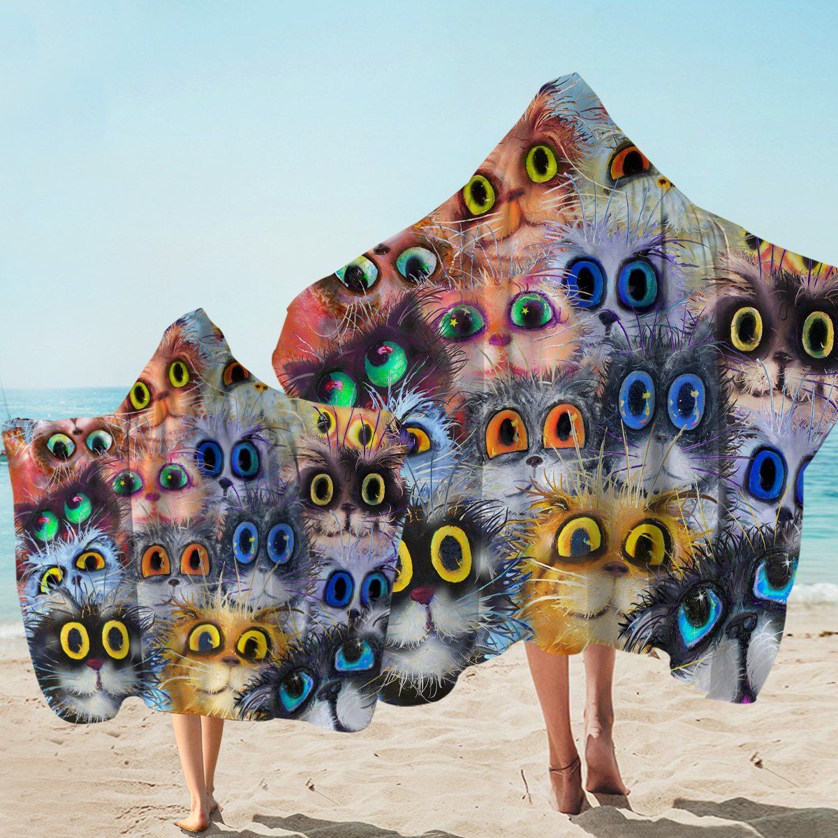 Staring Cat Eyes Pattern Printed Hooded Towel